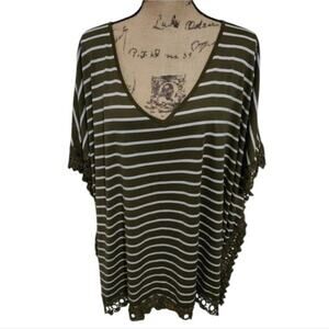 Lane Bryant Moss green & white striped crocheted lace trimmed tunic plus size 3X
